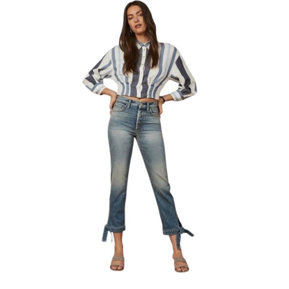 Boyish Women Medium Wash High Waisted Straight Leg Jeans Size 26 Ankle Tie Avery